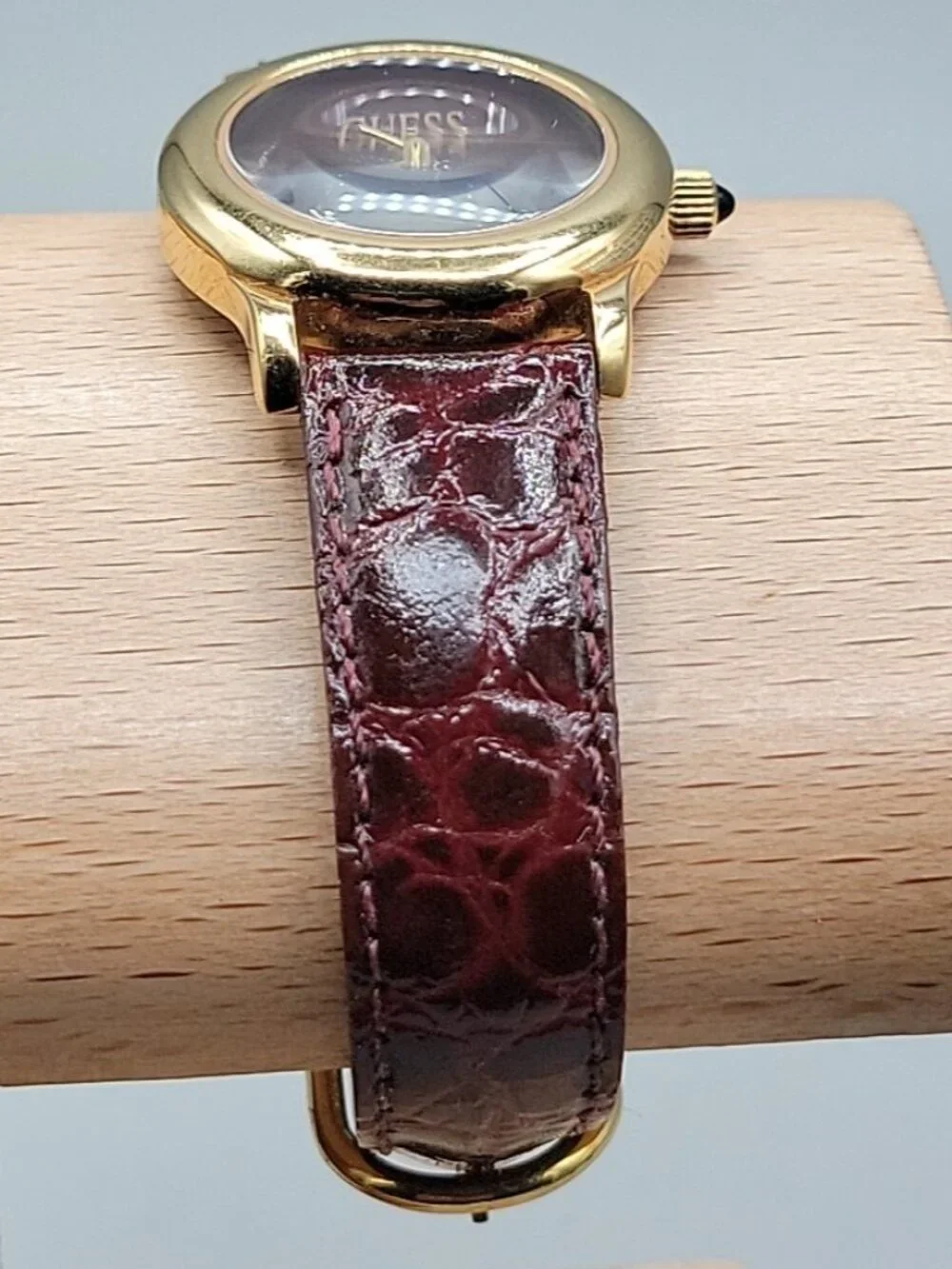 Vintage 1991 GUESS Watch Gold Tone Black Dial Burgundy Leather Strap 26mm 6.5